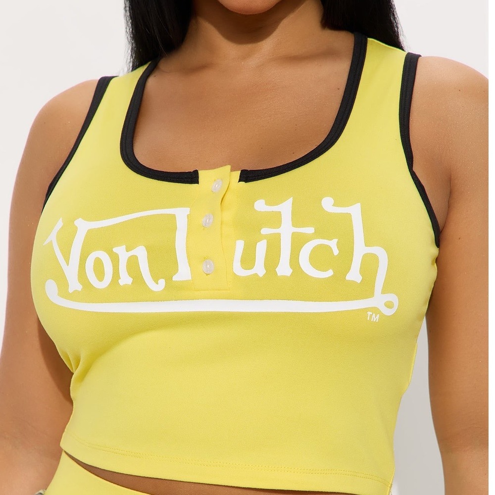 Von Dutch Originals Yellow Cropped Henley Tank Womens Medium Y2K Logo Sleeveless
